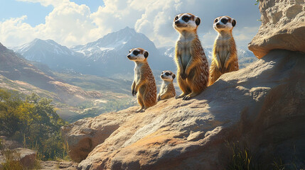 A family of meerkats standing alert on a rocky mound, with their enclosure blending seamlessly with the natural surroundings.