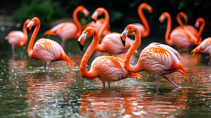 Fototapeta premium A flock of flamingos wading in a shallow lagoon in their zoo exhibit, their vibrant pink feathers standing out against the water.