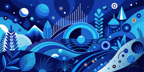 Abstract Blue Landscape with Geometric Shapes and Organic Forms