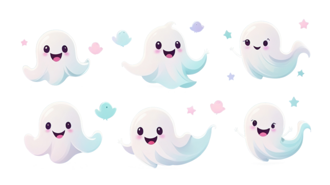 Set of cute ghost sheet cartoons, perfect for logos, isolated on a transparent background.