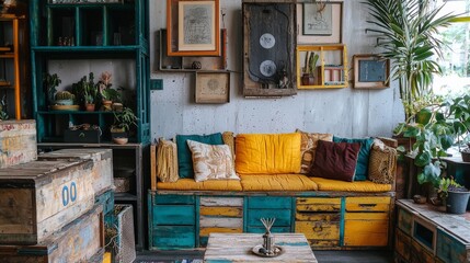 Creative DIY interior design with upcycled furniture and handmade decor