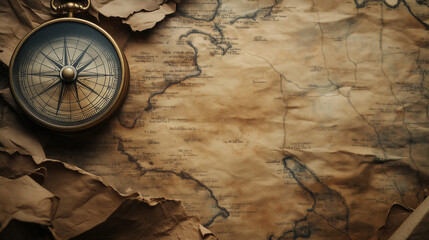 Antique Textured Map with Grunge Patterns and a Brown Compass Background