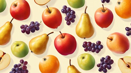 A photorealistic seamless pattern of assorted fruits including apples pears and grapes