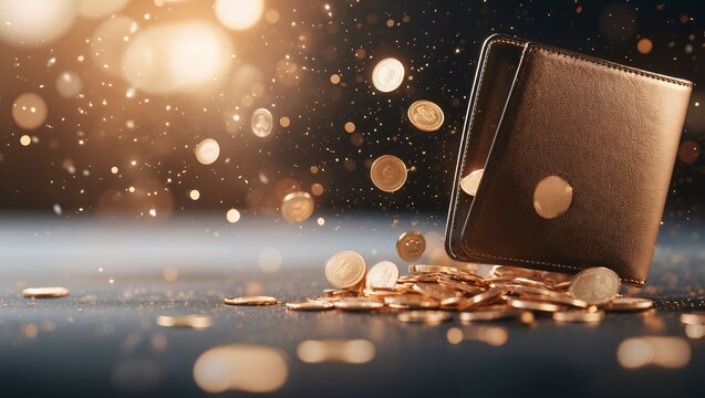 A Stunning Display of Wealth: A Wallet Spilling Over with Shiny Coins Against a Sparkling Background that Captures the Essence of Prosperity and Abundance, Radiating Luxury