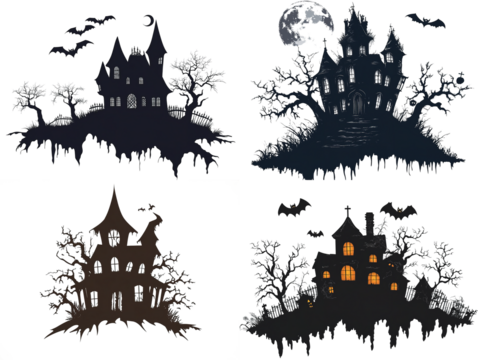 Vector silhouette of a haunted Halloween house set, transparent background, logo-ready.