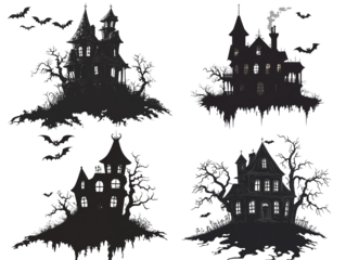 Haunted Halloween house set silhouette, isolated on a transparent background, perfect for logo design.