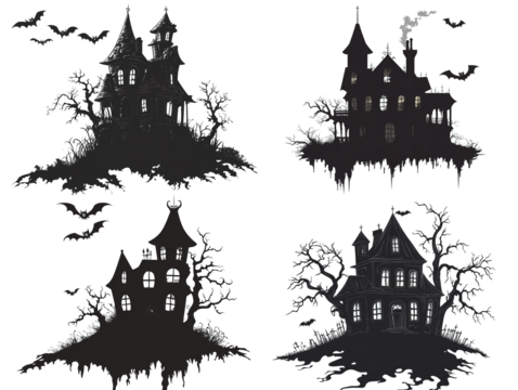 Haunted Halloween house set silhouette, isolated on a transparent background, perfect for logo design. - Powered by Adobe