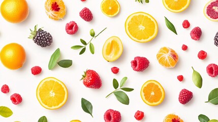 Seamless pattern of assorted photorealistic berries and citrus fruits arranged in a repeating design