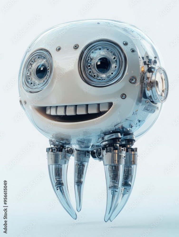 Poster smiling transparent robot with mechanical legs