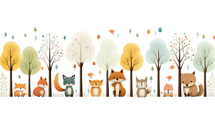 Fototapeta premium A group of cartoon animals are sitting in a forest