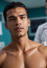 A young man with a serious expression in a medical environment, focusing on health and fitness.