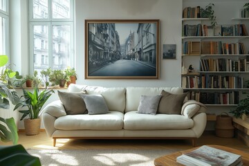 Cozy living room with a warm color palette, elegant decor, and an art piece showcasing a street in autumn sunlight
