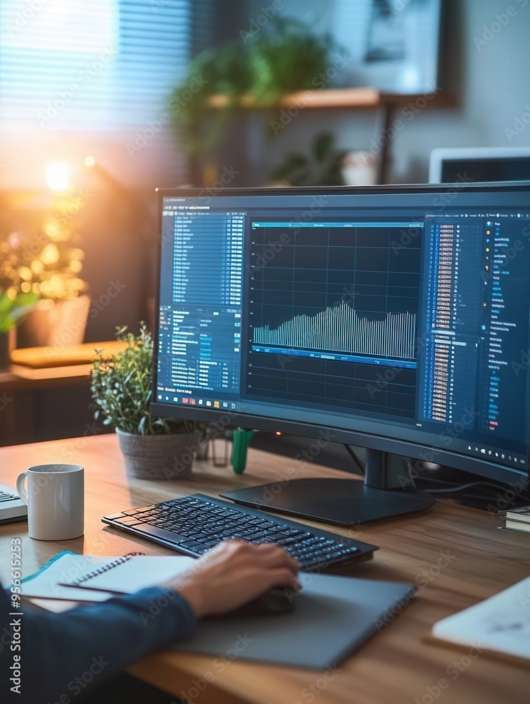 Aufkleber An expert is deeply focused on analyzing data displayed on a large monitor while using a keyboard and notepad at a tidy desk. Generative AI