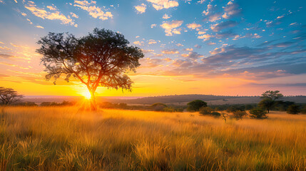 Fototapeta premium Sunrise over the savanna and grass fields in central Kruger National Park in South Africa