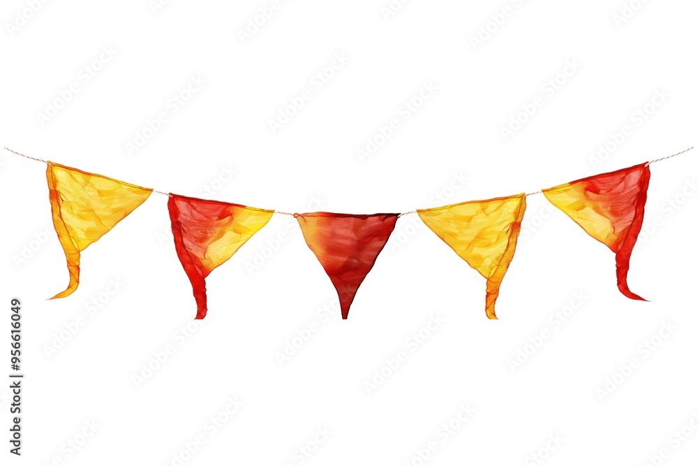 Poster A banner with a yellow and red stripe is hanging on a white background