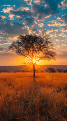 Sunrise over the savanna and grass fields in central Kruger National Park in South Africa