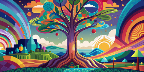 Abstract Colorful Tree with Rainbow and Sun in a Surreal Landscape