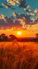 Fototapeta premium Sunrise over the savanna and grass fields in central Kruger National Park in South Africa