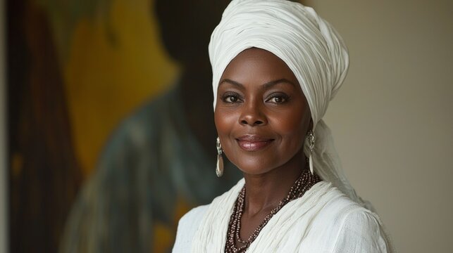 happy 60 year old Zambian woman with a big white headwrap