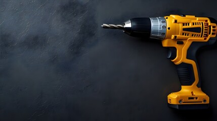 Electric screwdriver on black background. cordless drill. Long wide banner. Copy space for your design.