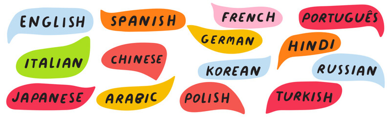 Languages of the world. Banner. Multicolored speech bubbles. Hand drawn illustration on white background.