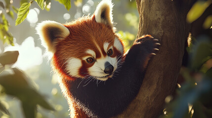 A playful red panda climbing up a tree in its zoo exhibit, with soft lighting filtering through the leaves