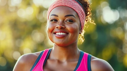 A confident plus-size woman in vibrant workout gear, smiling after an outdoor exercise session, representing body positivity and active lifestyles.