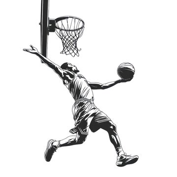recommend clip art: A basketball player is in mid-air, reaching for the basketball