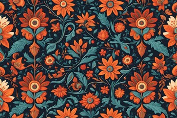 A folk art floral pattern with stylized symmetrical flowers and leaves in bright contrasting color, Ai Generated