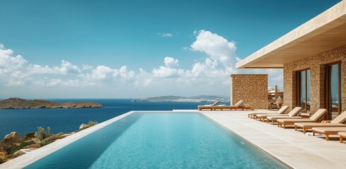 Tranquil infinity pool overlooking the azure waters of Mykonos on a sunny afternoon with clear skies and scenic hills