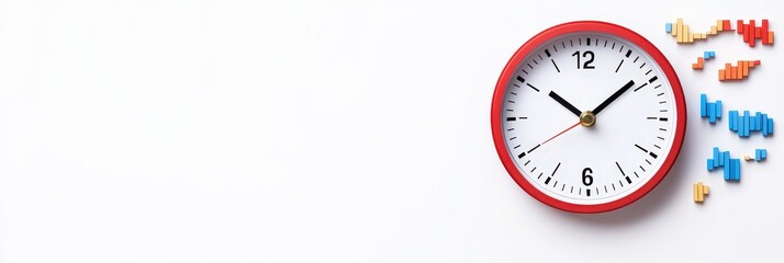 Red Clock with Colorful Bar Charts.