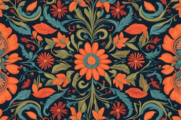 A folk art floral pattern with stylized symmetrical flowers and leaves in bright contrasting color, Ai Generated