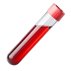 Test tube with red blood sample on transparent background. 