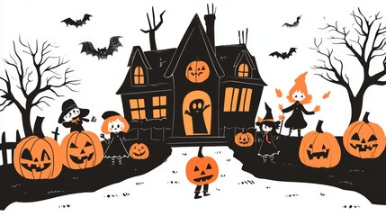 Fototapeta premium A set of Halloween pumpkins in various sizes, each one featuring a different scary face, from grinning to frowning. The pumpkins are arranged in a playful yet spooky composition, with glowing eyes