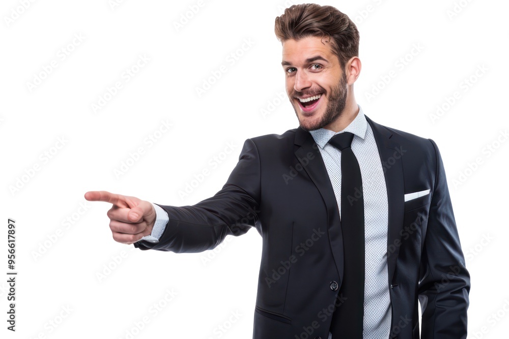 Poster a man in a suit and tie pointing to the right