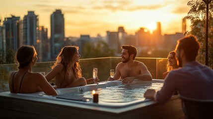 Group of friends enjoying a sunset soak in a hot tub overlooking a city skyline on a warm evening