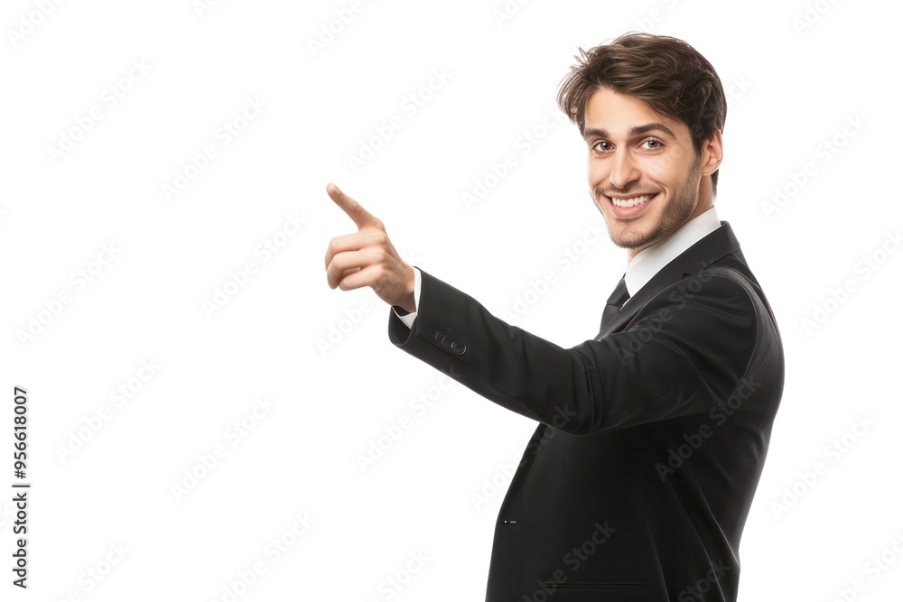 Poster a man in a suit is pointing to the camera with a smile on his face