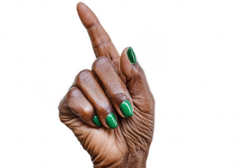 Close-Up of Elderly African Hand with Green Nail Polish Pointing Upwards on Transparent Background for Beauty Healthcare and Diversity Campaigns