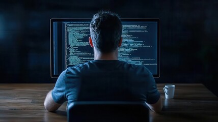 Developer working with holographic code, sci-fi, dark background, neon highlights, high detail