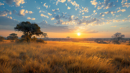 Sunrise over the savanna and grass fields in central Kruger National Park in South Africa