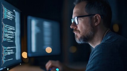 Developer working with holographic code, sci-fi, dark background, neon highlights, high detail