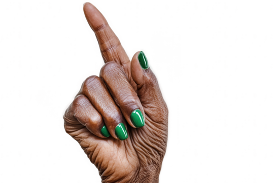 Close-Up of Elderly African Hand with Green Nail Polish Pointing Upwards on Transparent Background for Beauty Healthcare and Diversity Campaigns - Powered by Adobe