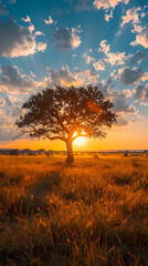 Fototapeta premium Sunrise over the savanna and grass fields in central Kruger National Park in South Africa
