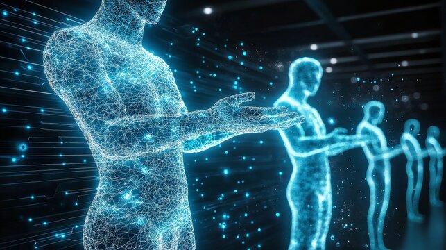 Figure Umane Digitali Futuristiche in una Rete di Luci e Linee che Rappresentano la Connettivit&agrave; dei Dati e l'Intelligenza Artificiale