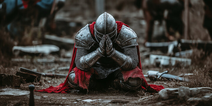 A knight praying on his knees before battle, with a solemn expression on his face, demonstrating the spiritual aspect of medieval warriors.