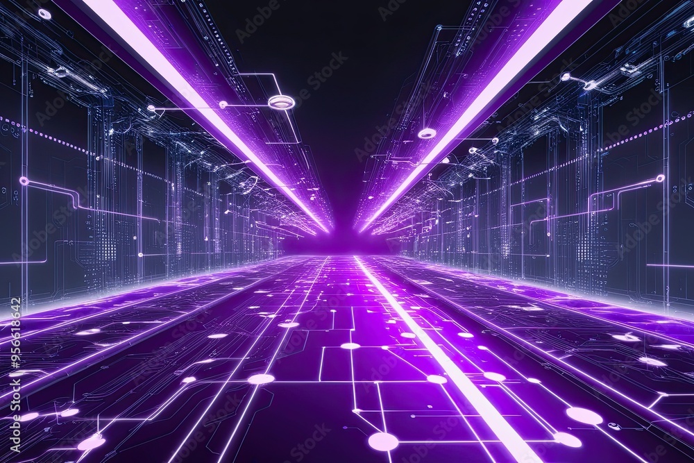 Poster futuristic abstract technology interface with illuminated pathways and interconnected data points in