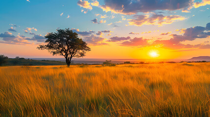 Fototapeta premium Sunrise over the savanna and grass fields in central Kruger National Park in South Africa