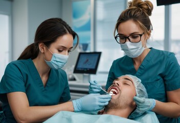 Fototapeta premium A dental professional performing a procedure on a patient in a clinical setting, focusing on oral health and care.
