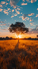 Sunrise over the savanna and grass fields in central Kruger National Park in South Africa