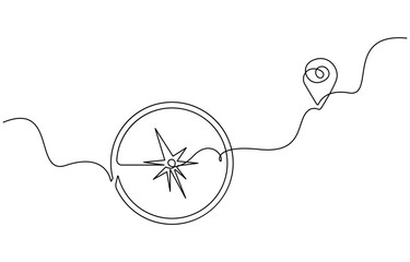 One continuous line drawing of traveler compass. Old navigate and adventure symbol in simple linear style. Business strategy and adventure concept in editable stroke. Doodle vector illustration